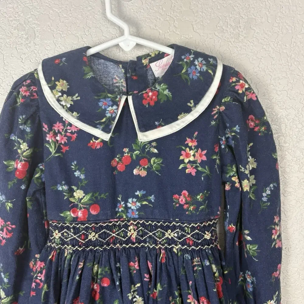 Vtg SOPHIE DESS Girl's Smocked Bishop Dress Floral Midi Peter Pan Collar Size 4